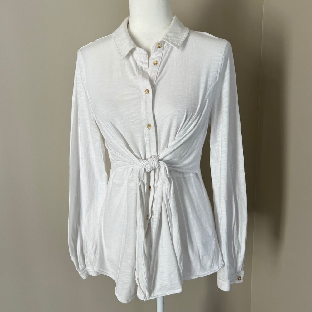Maeve by‎ Anthropologie White Button Front Tie Waist Long Sleeve Shirt Medium - Picture 2 of 6